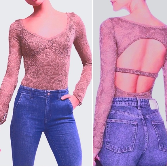 Free People Intimately Perfectly Fine Long Sleeve Lace Bodysuit Mauve Sz Medium‎ - Picture 2 of 16
